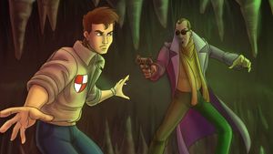 In a frame from a cartoon, James Bond Jr, a teenager wearing a collared jacket with a red and white crest on the chest pocket is standing in a cave. He is being threatened by a man in dark glasses  who is pointing a gun at him.
